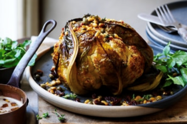 Whole roasted cauliflower with raisins, pine nuts and burnt butter
