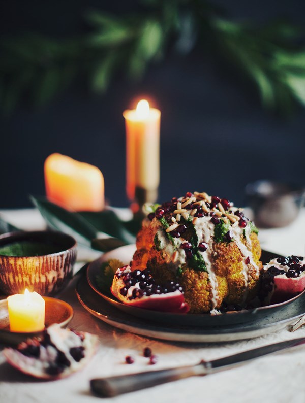 Whole-roasted cauliflower with skhug