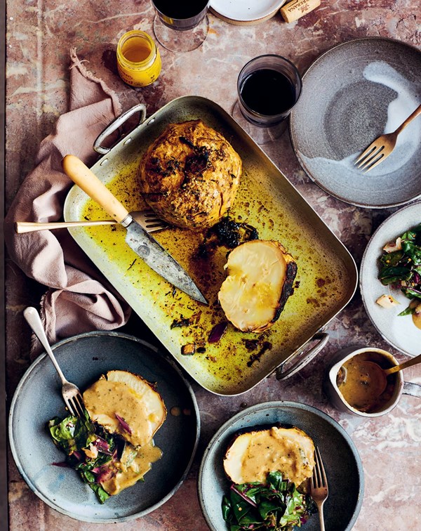 Whole roasted celeriac w/ mushroom gravy