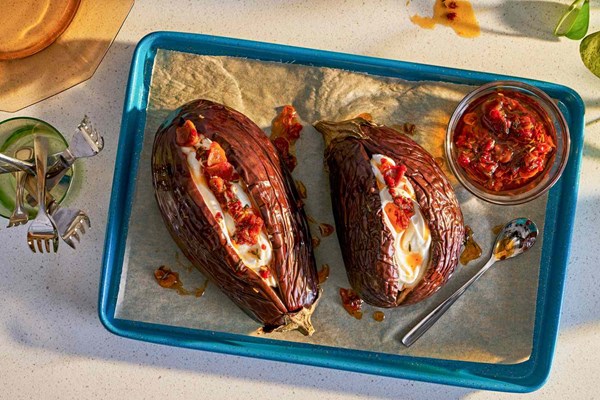 Whole-roasted eggplant with chili crisp