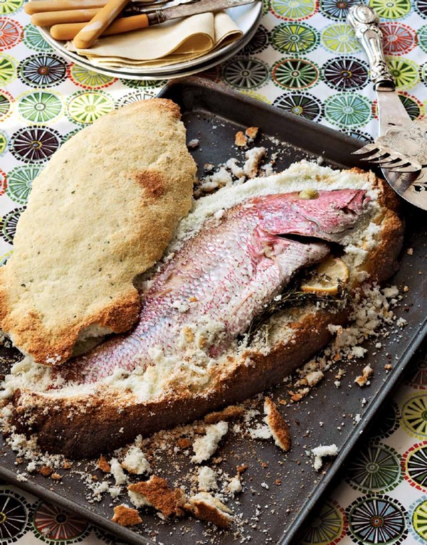 Whole roasted fish in salt crust