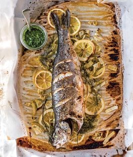 Whole roasted fish with fennel, lemons & chimichurri sauce