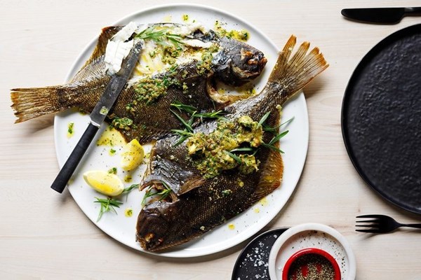 Whole-roasted flounder with caper, anchovy & herb butter [Clayton Wells]