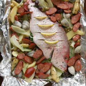 Whole roasted red snapper