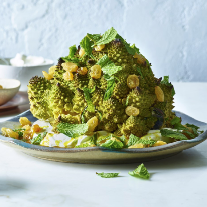 Whole roasted Romanesco with labneh & curry oil