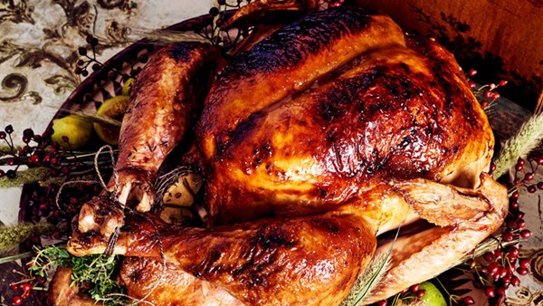 Whole roasted turkey with maple-mustard glaze and pan gravy