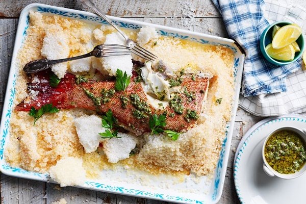 Whole salt-baked coral trout and salsa verde