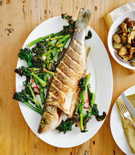 Whole sea bass with purple sprouting broccoli, chilli & garlic