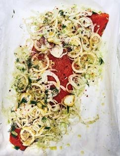 Whole side of salmon with fennel, lemon & watercress-miso mayo