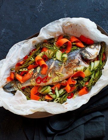 Whole steamed sea bass with soy