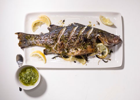Whole stiped bass with lemon and mint