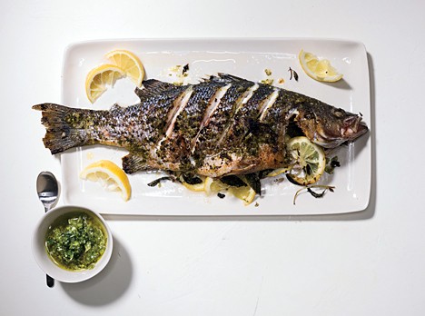 Whole striped bass with lemon and mint