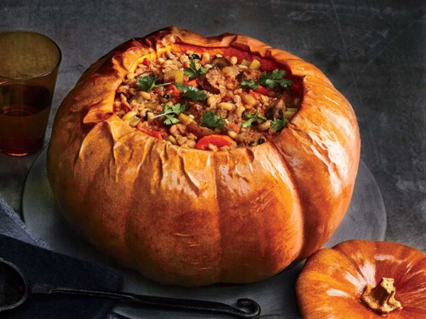 Whole stuffed roasted pumpkin
