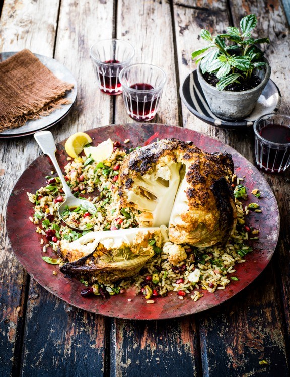 Whole tandoori cauliflower with jewelled rice salad