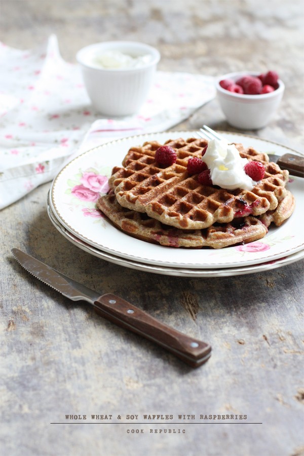 Whole wheat and soy waffles with raspberries
