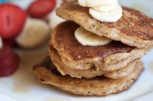 Whole wheat banana walnut pancakes with vanilla-brown sugar syrup