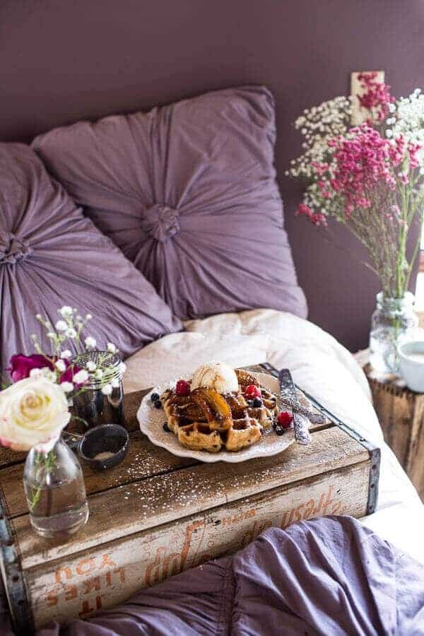 Whole wheat Belgian chocolate chip waffles with coconut caramelized bananas