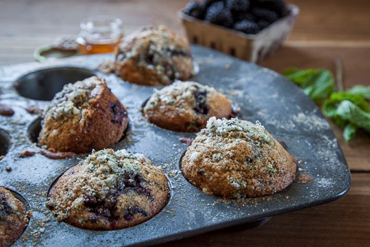 Whole wheat blackberry honey muffins with fresh mint