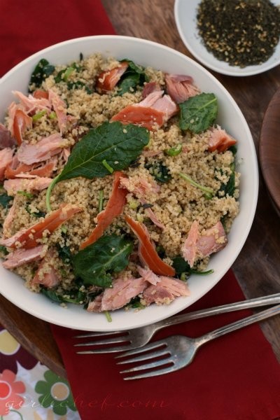 Whole wheat couscous with smoked salmon, baby kale, & za'atar