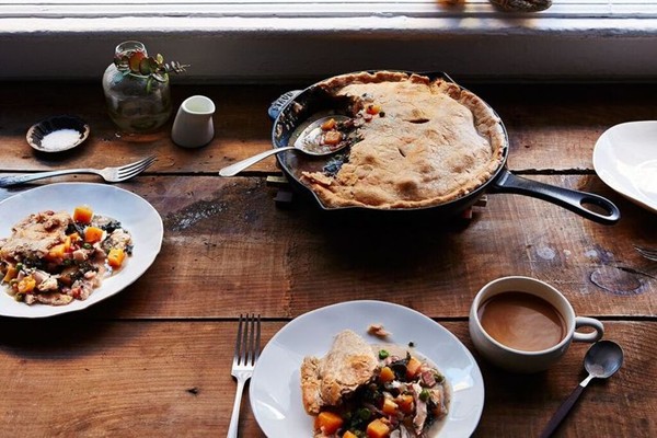 Whole wheat-crusted chicken pot pie with kale, butternut squash, and fresh herbs