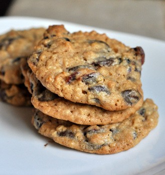 Whole wheat dark chocolate chip oatmeal cookies with dried cranberries