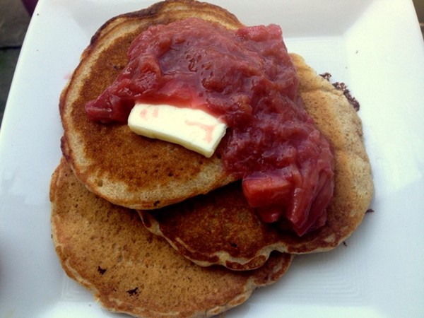 Whole wheat oatmeal pancakes with maple roast rhubarb