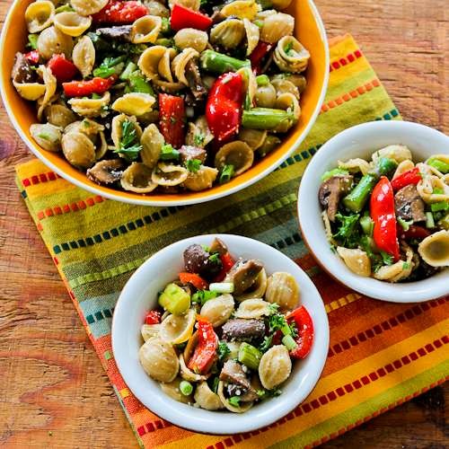 Whole wheat orecchiette pasta salad with roasted asparagus, red bell pepper, and mushrooms