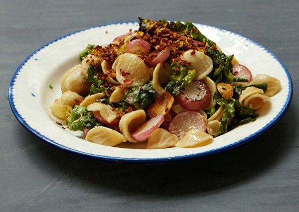 Whole wheat orecchiette with bitter greens and radishes