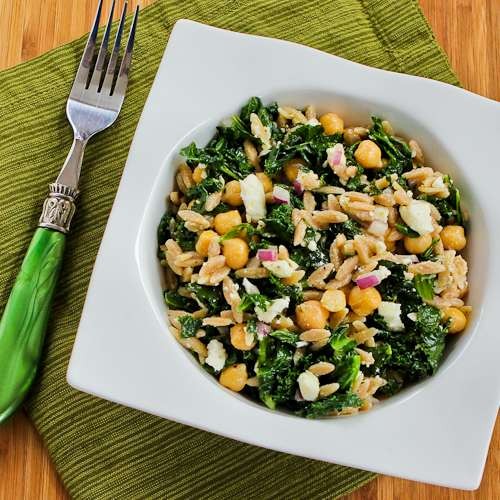 Whole wheat orzo salad with kale, chickpeas, lemon, and feta