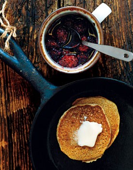 Whole-wheat pancakes with blackberry syrup