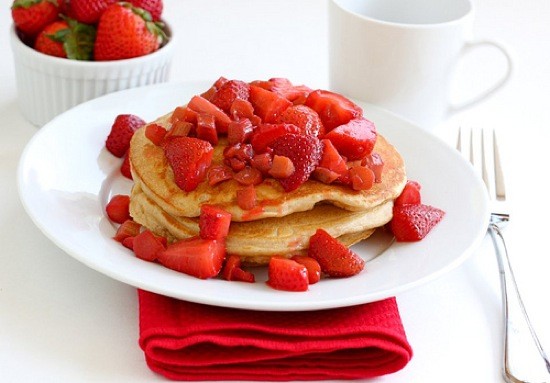 Whole wheat pancakes with strawberry rhubarb compote