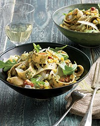Whole-wheat pappardelle with arugula pesto and corn
