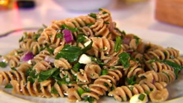 Whole-wheat pasta salad with walnuts and feta cheese
