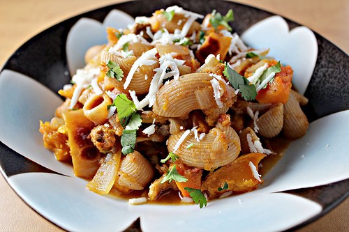 Whole wheat pasta with butternut squash, ground lamb, and halloumi