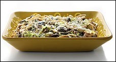 Whole-wheat pasta with cabbage, mushrooms, guanciale and caraway