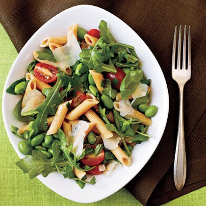Whole-wheat pasta with edamame, arugula, and herbs