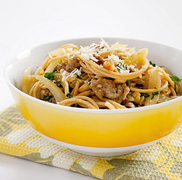 Whole-wheat pasta with greens, beans, pancetta, and garlic bread crumbs