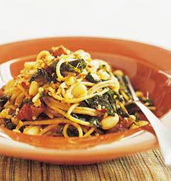 Whole-wheat pasta with greens, beans, tomatoes, and garlic chips