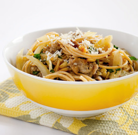Whole-wheat pasta with greens, beans, pancetta, and garlic bread crumbs