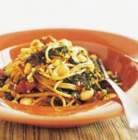 Whole-wheat pasta with greens, beans, tomatoes, and garlic chips