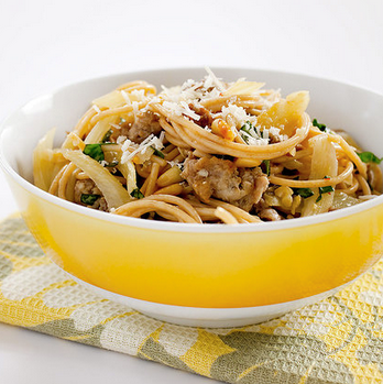 Whole wheat pasta with greens, beans, pancetta, and garlic bread crumbs