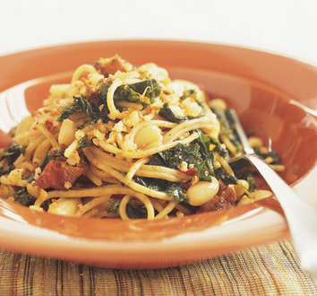 Whole-wheat pasta with greens, beans, tomatoes, and garlic chips