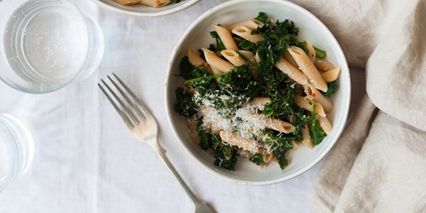 Whole wheat penne rigate with kale, chilli, garlic and Pecorino Romano