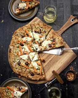 Whole-wheat pizza with roasted carrots, zucchini, and Manchego