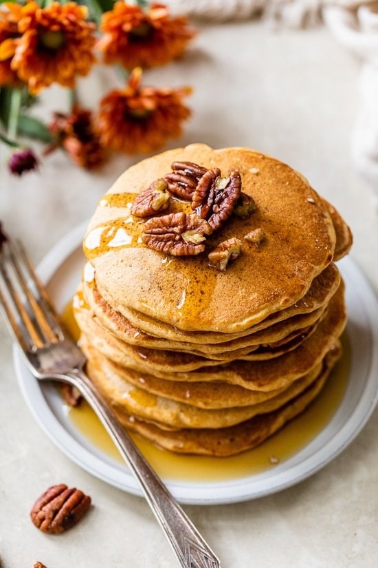 Whole wheat pumpkin pancakes with pecans