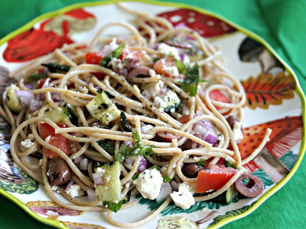 Whole-wheat spaghetti salad with grilled zucchini, Kalamata olives, and feta