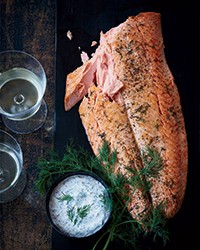 Whole wild salmon fillet with mustard sauce