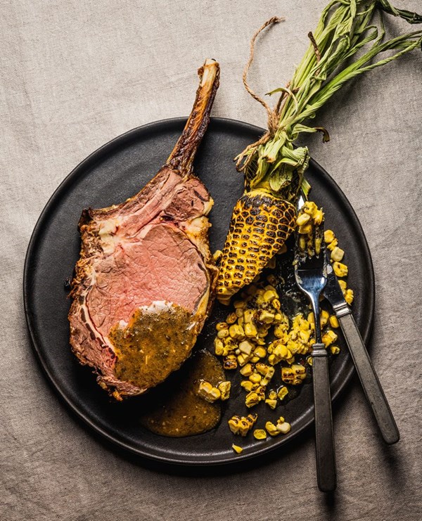 Wholly cow roast rib of beef with chimichurri