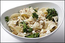 Wide noodles with broccolini, feta, lemon and pine nuts