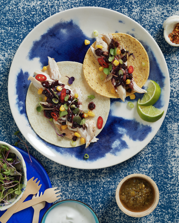 Wild blueberry and ginger pulled chicken tacos